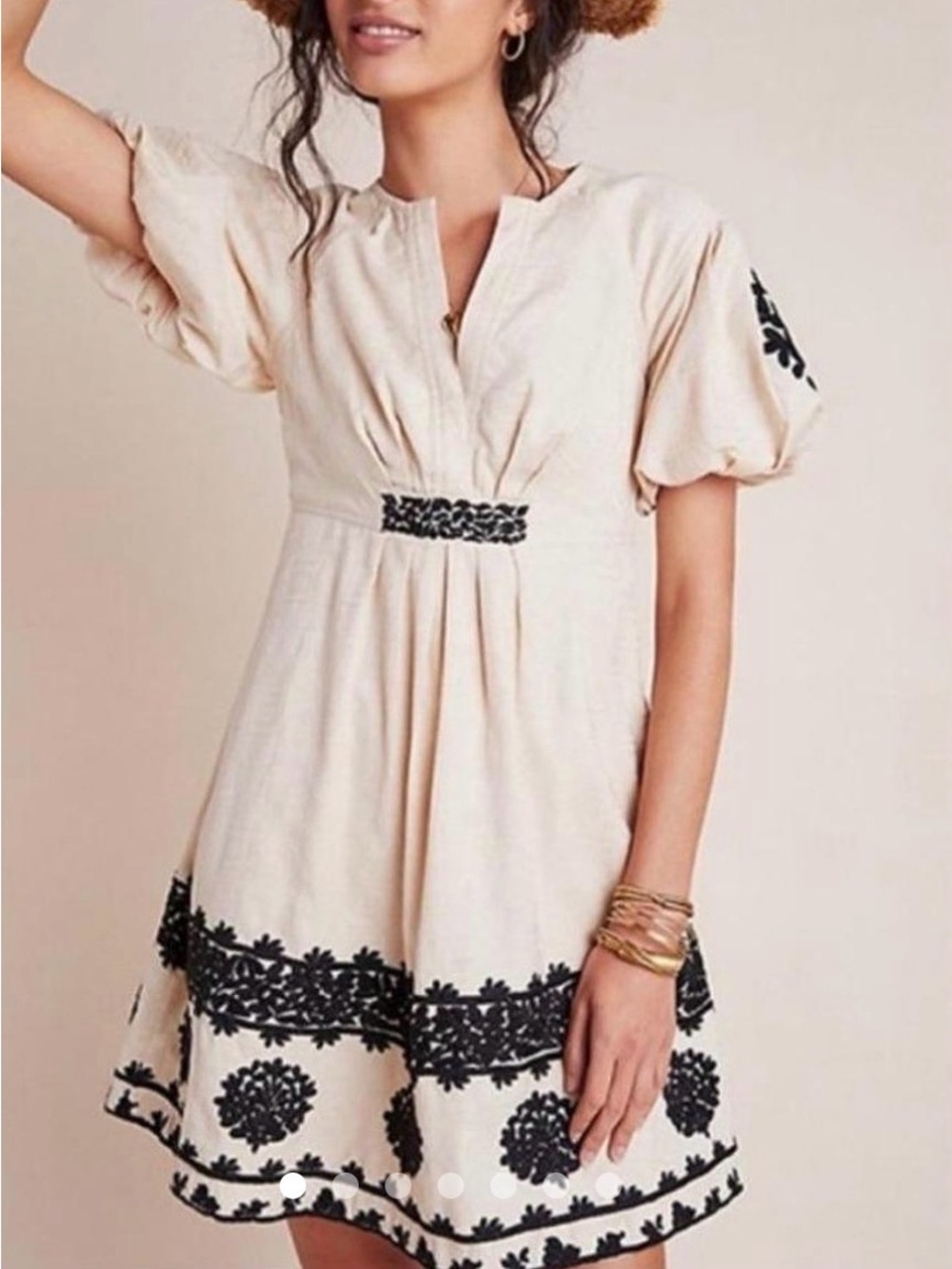 Anthropologie Cream Dress with Black Floral Embroidery